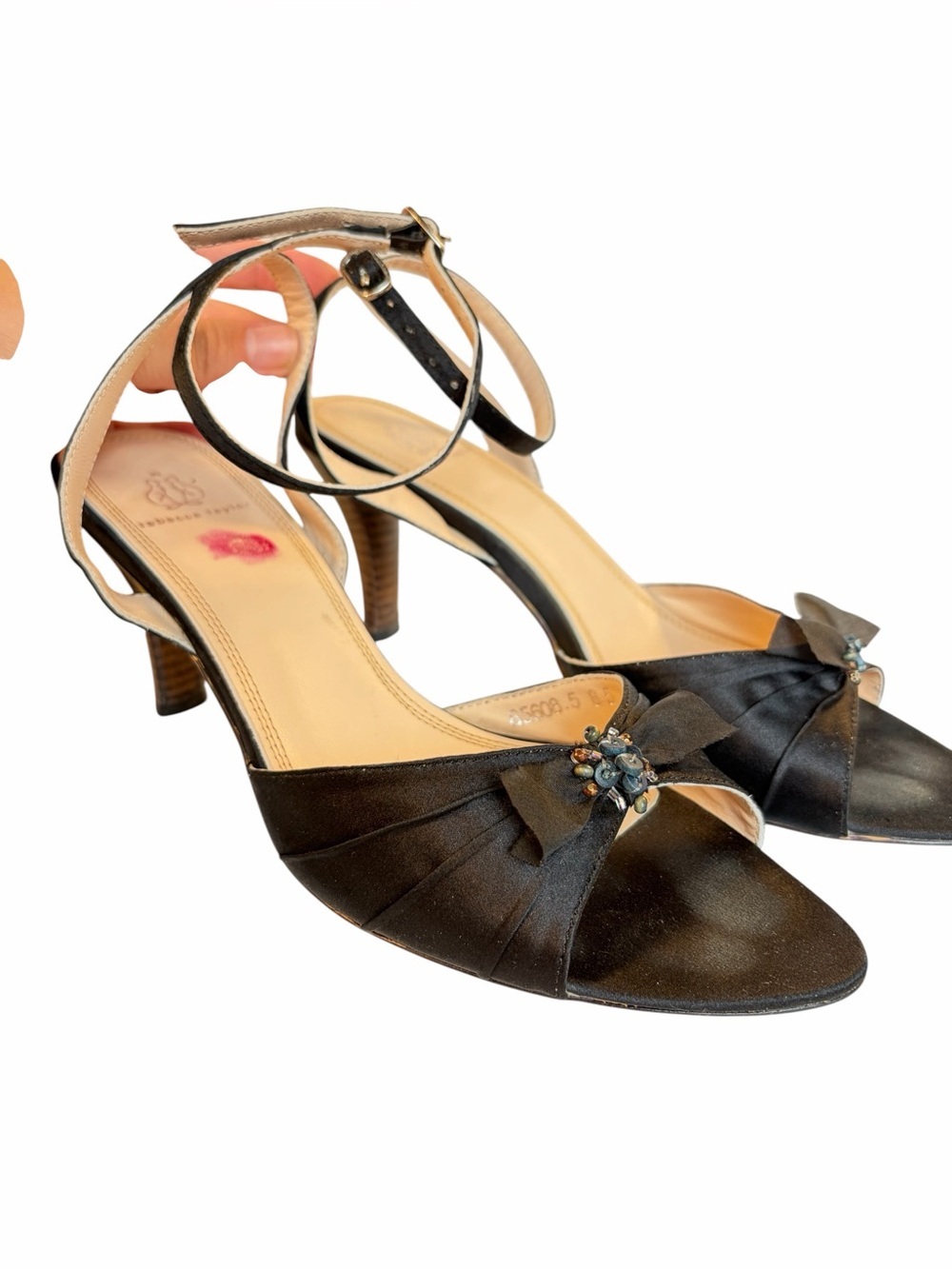 Rebecca Taylor Black Satin Ankle-Strap Heels with Bow and Jewel Accent.
